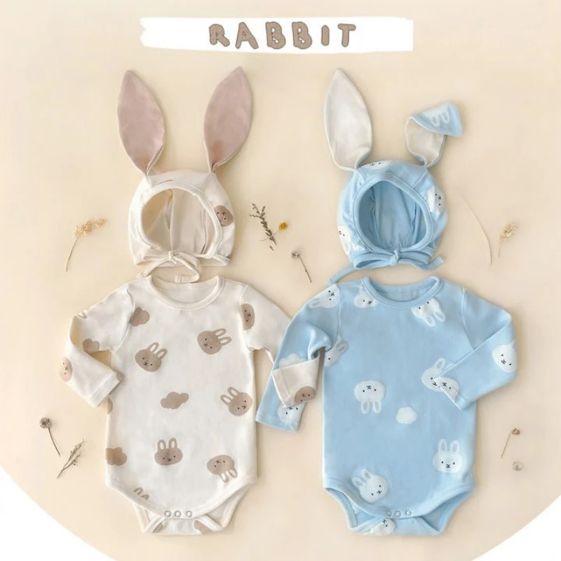 

Newborn Baby Bodysuits Sets Cotton Cartoon Solid Rabbit Print Long-sleeved Jumpsuit & Bunny Shaped Hat Sets Girls Boys Clothes