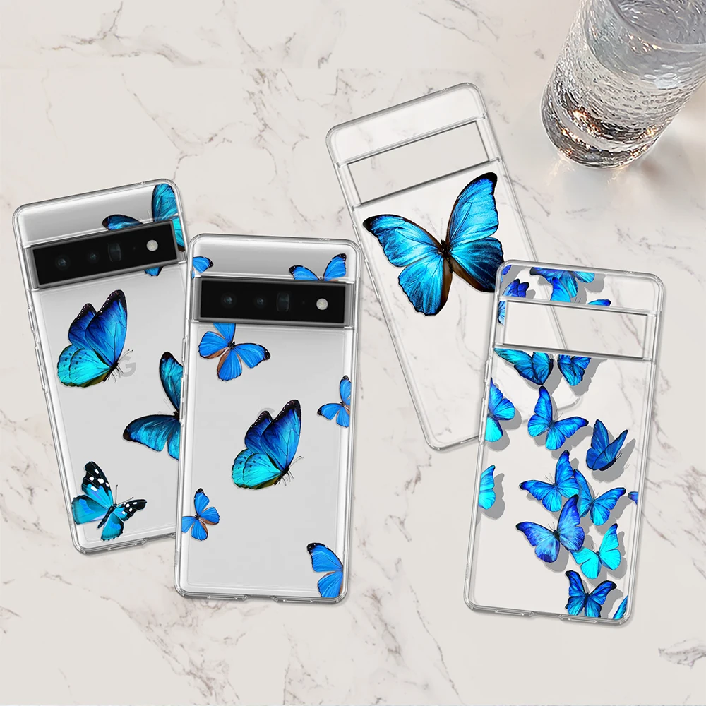 

Blue Butterfly Case for Google Pixel 7a 7Pro 7 6a 6 6Pro 5 5a 5G 4XL 4 2 3XL 2XL 3 3a 3aXL 4a Transparent Soft TPU Covers