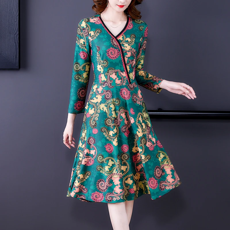 

Women Floral Cotton Plus Size Midi Dress Spring Summer Long Sleeve Elegant Bodycon Dress 2022 Korean Vintage Casual Party Dress
