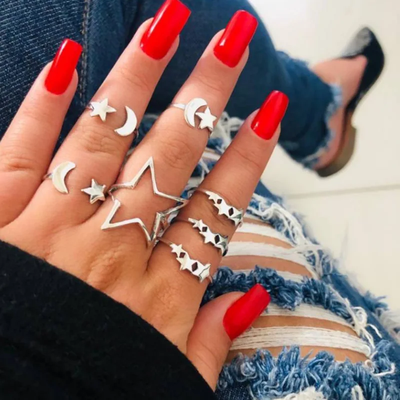 

New 2022 Star And Moon Ring Silver Personality 7 Piece Set Ring
