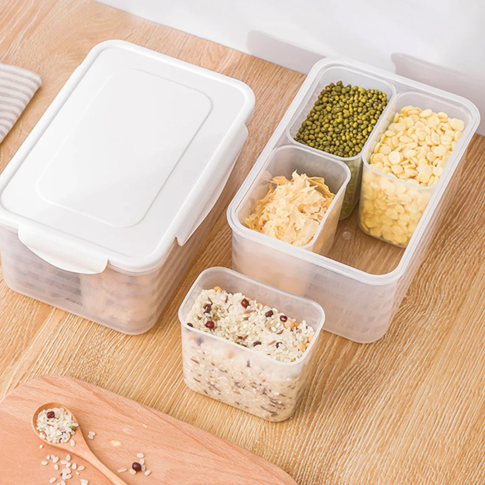 

PP Four-compartment Rice Grain Sealed Container Storage Tank Dry Food Dispenser Kitchen Refrigerator Storage Box Kitchen Items