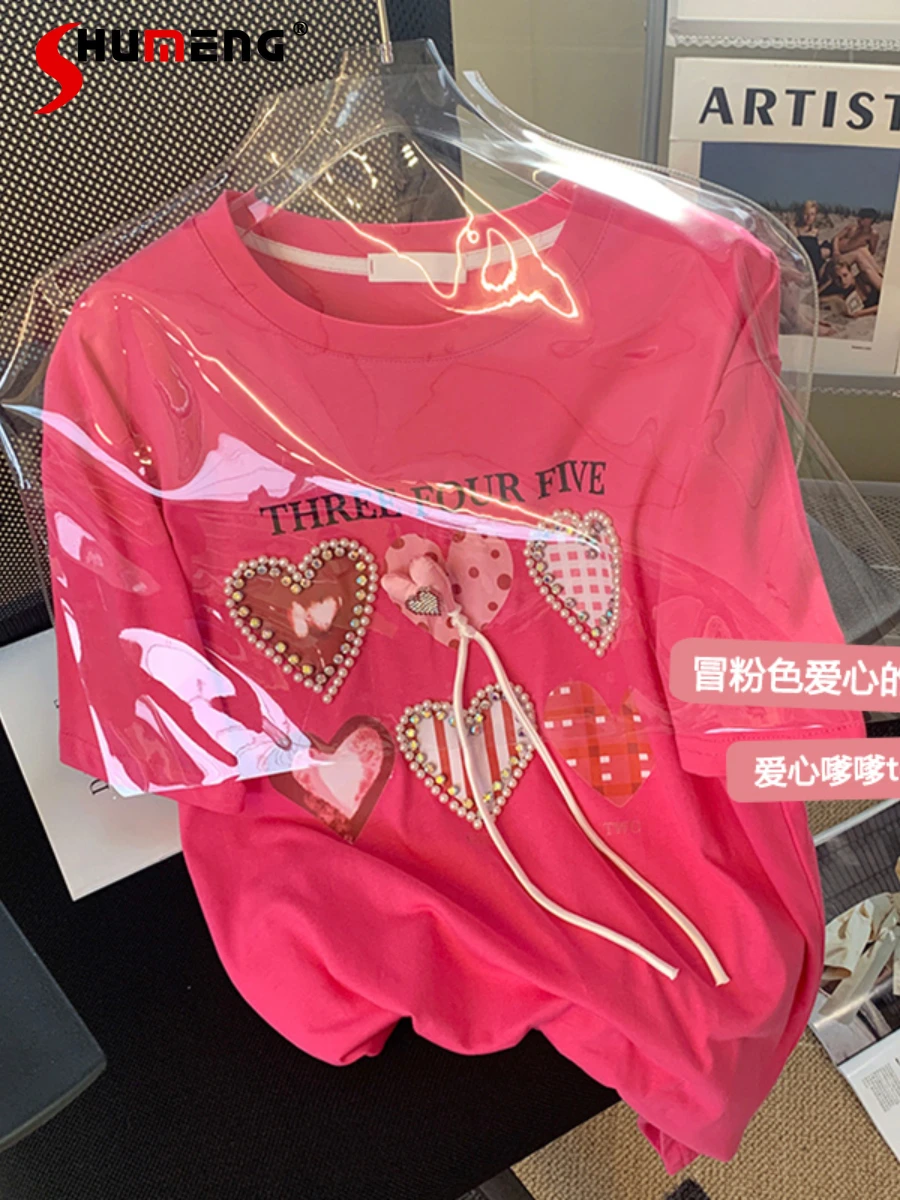 

Pink Beading Love Short-Sleeved T-shirt For Women Ins Super Popular 2022 Summer New Loose Half-Sleeved T-shirt Top Fashion Brand