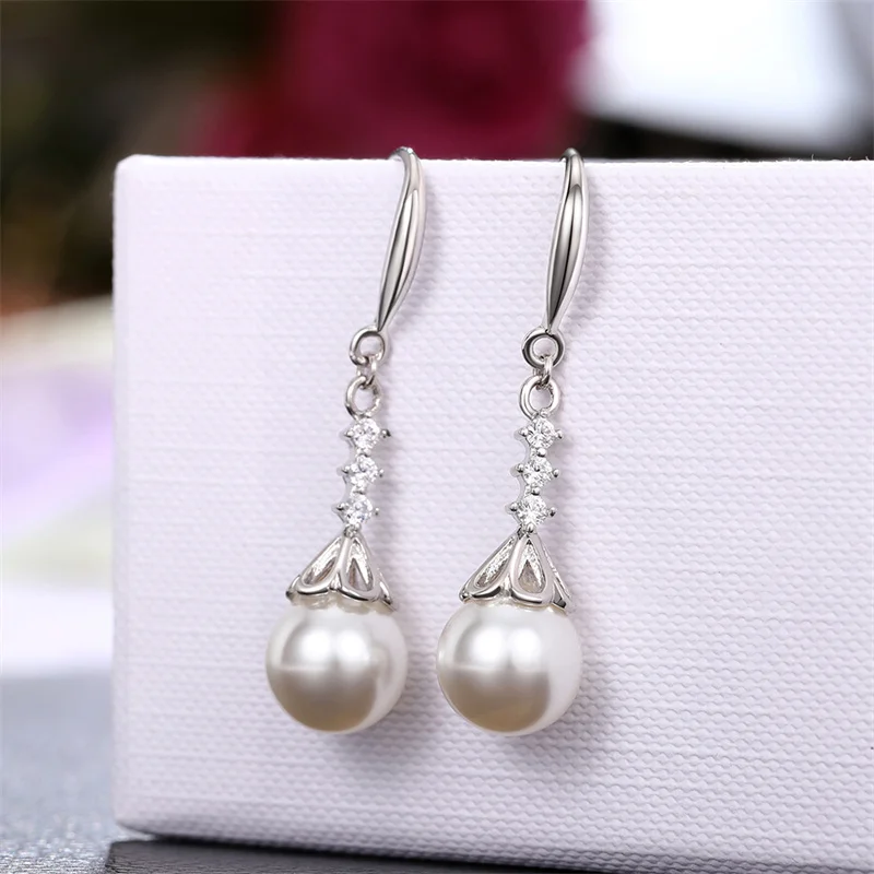 

Huitan Exquisite Simulated Pearl Earrings for Women Silver Color Luxury Fashion Lady's Ear Accessories Wholesale Bulk Jewelry
