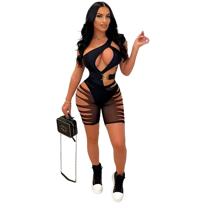 

Hollow Out Sheer Mesh Women Sexy Club Patchwork Bikini Jumpsuit Low Cut Sleeveless Translucent Rompers Sous Vetement Femme 2022
