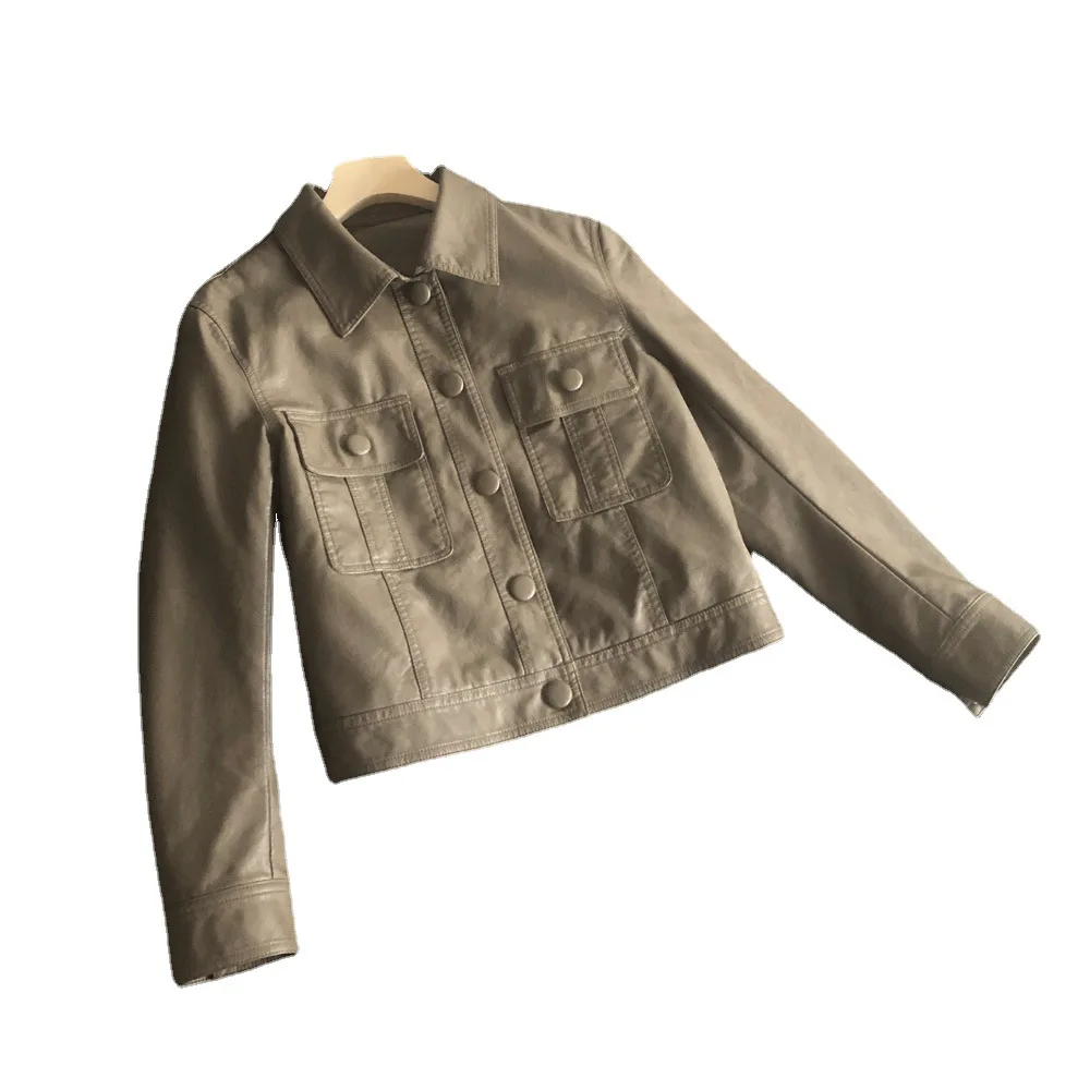 2023 autumn new fashion short leather jacket single breasted leather shirt style bag cover motorcycle coat