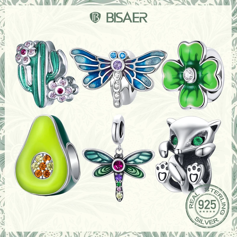 

BISAER 925 Sterling Silver Charm Green Hopeful Color Garden Four Leaf Clover Animal Dragonfly Bead For Women Bracelets Jewelry