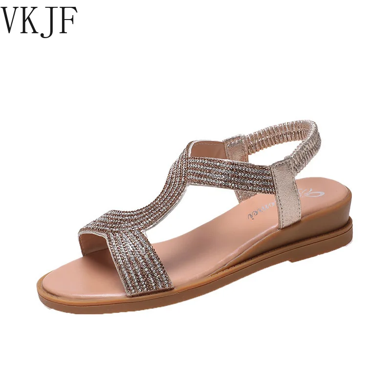 

European Style Women's Sandals Summer New Fashion Diamond Flat Sandals Women's Slope Heel Beach Slippers Female Soft Sandals