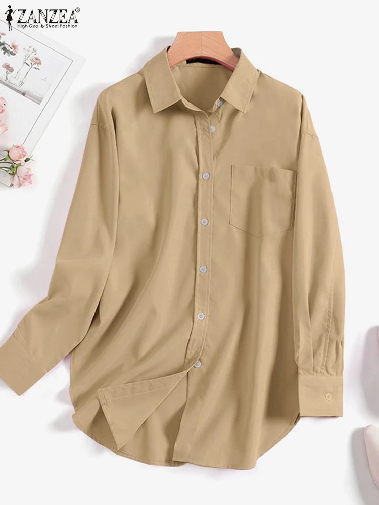 Zanzea Женская Однотонная Офисная Рубашка С Длинным Рукавом Повседневная Блузка