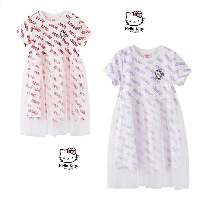 

Sanrios Hello Kitty Children's Clothing Summer New Medium and Large Girls Fluffy Mesh Princess Skirt Short-Sleeved Dress