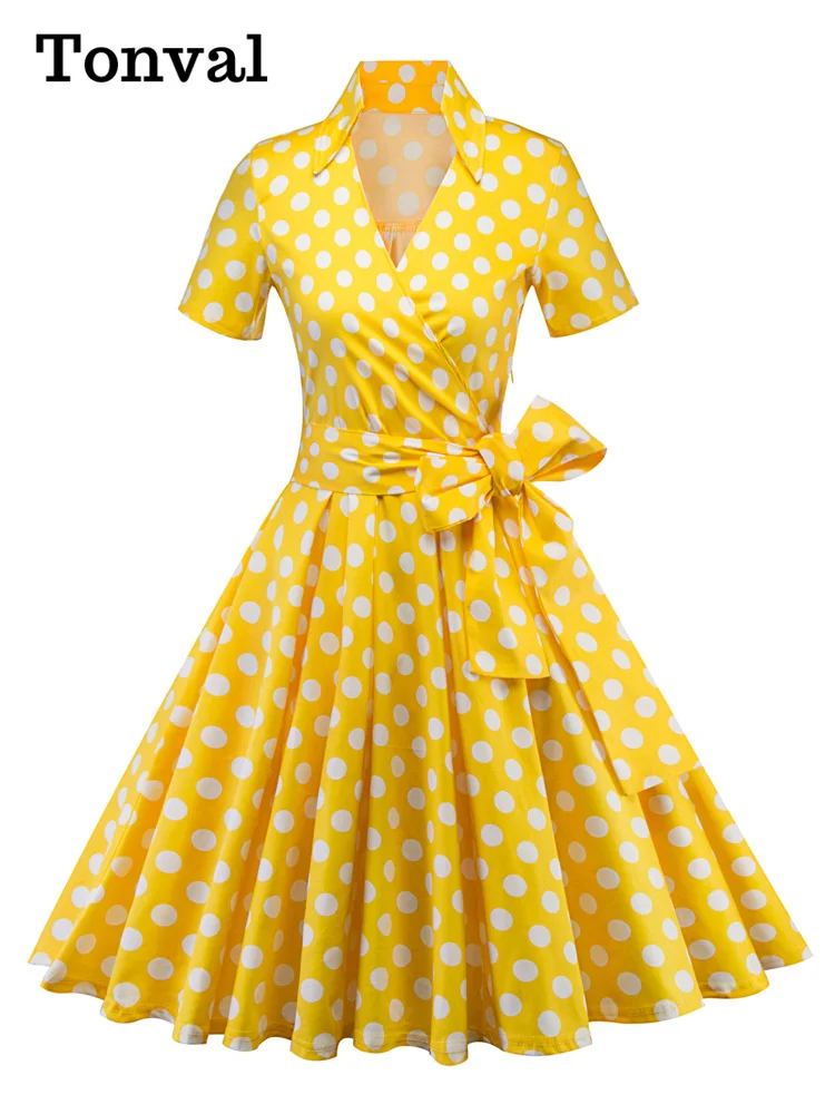 

Tonval Retro Polka Dot Rockabilly Yellow Dress Women Short Sleeve V Neck Belted A Line Summer Party 50s Vintage Dresses