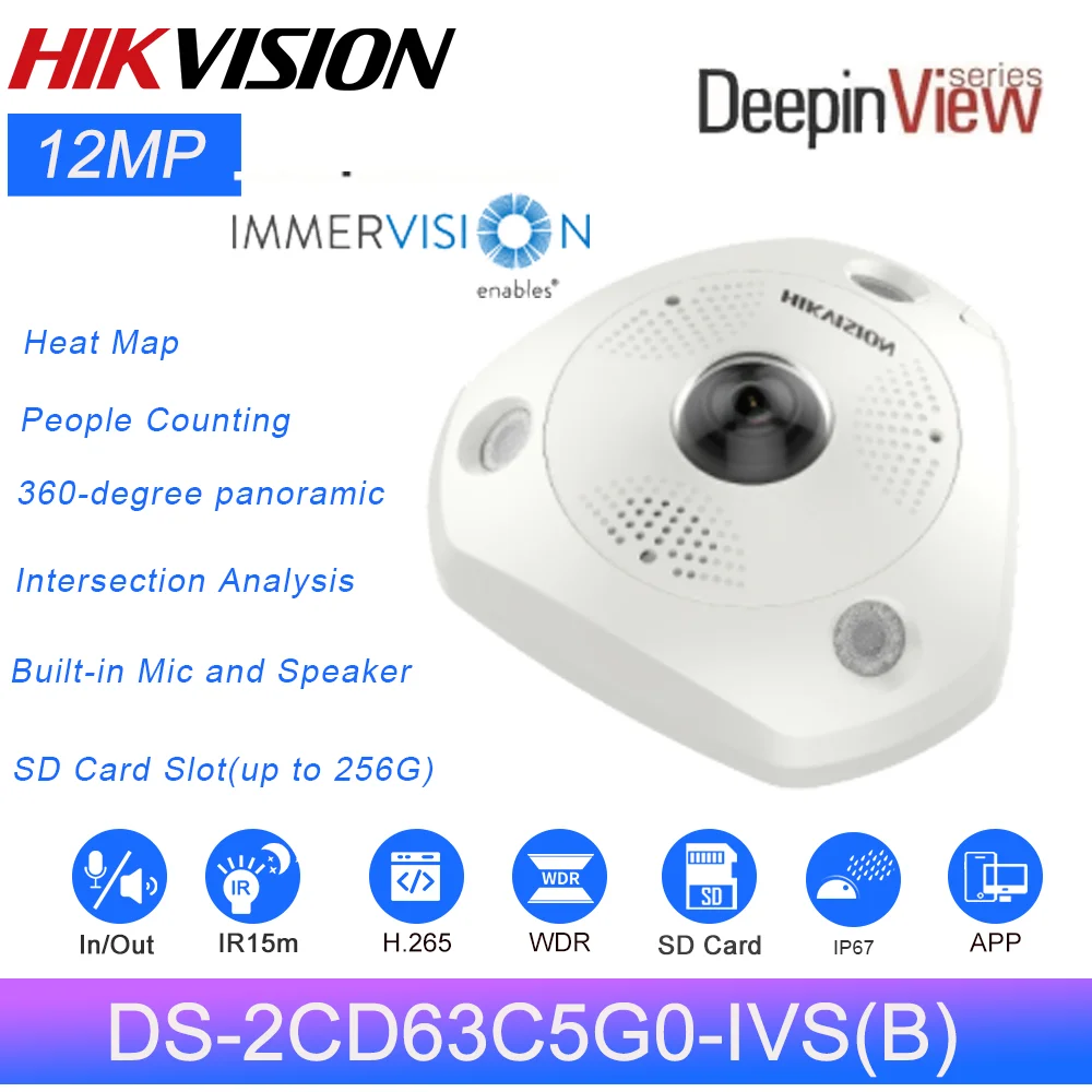 

Hikvision 12 MP DeepinView, объектив погружения «рыбий глаз», IP-камера DS-2CD63C5G0-IVS(B), двусторонняя аудиосвязь, камера видеонаблюдения IR15m
