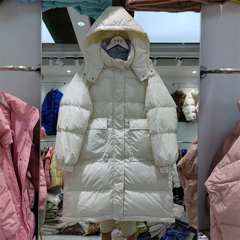 

Down jacket women's medium length new Korean version in winter 2022 loose thickening simple winter white duck down coat tide