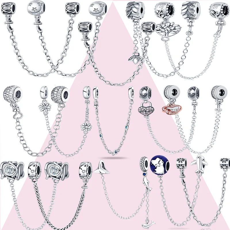 

Top Sale s925 Silver Flower Safety Chain Charms Bead Fits Original Bracelet Pendant Woman Fashion Fine Jewelry