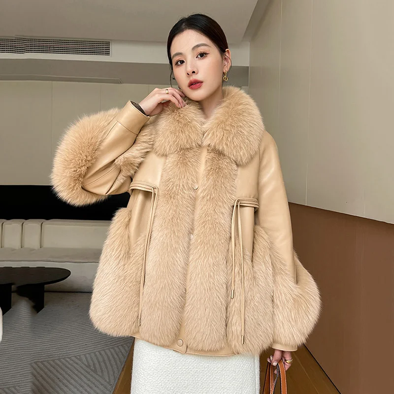 

New Women Double-faced Fur Coat Autumn Winter Fashion Real Fox Fur Patchwork Sheepskin Filled With Goose Down Loose Fur Jacket