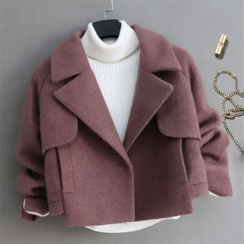 

2021 Elegant Woolen Coat Turn-Down Collar Women Winter Single Button Coats Fashion Solid Outwear Lady Short Jacket Ropa De Mujer