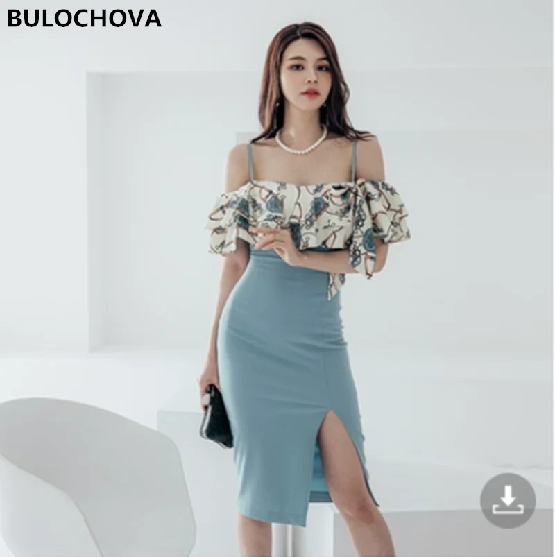 

2022 New Spring Korean Printed Bodycon Knee Length Dress Women Slash Neck Spaghetti Strap Sexy Split Package Hip Slim Vestidos