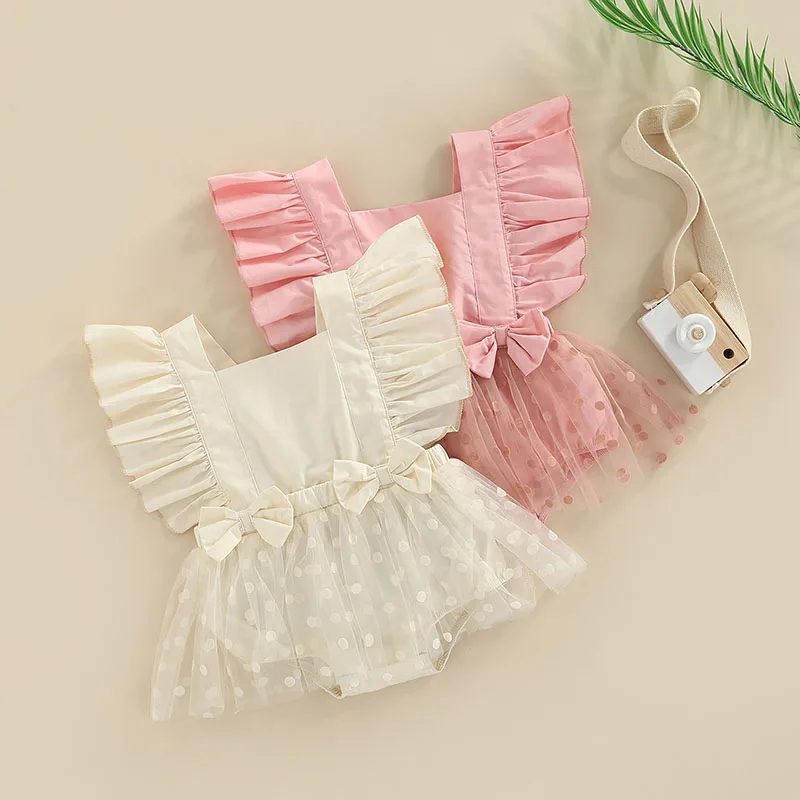 

0-24M Baby Clothes Girls Romper Flying Sleeve Bow Knot Decoration Round Dot Embellished Mesh Jumpsuit Toddler Summer Clothing
