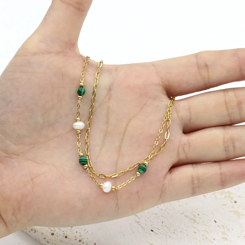 

Double-deck Chains Pearl Stone Bracelet Adjustable For Women Stainless Steel Chain Gold Fadeless Bangle Neat Style Jewelry