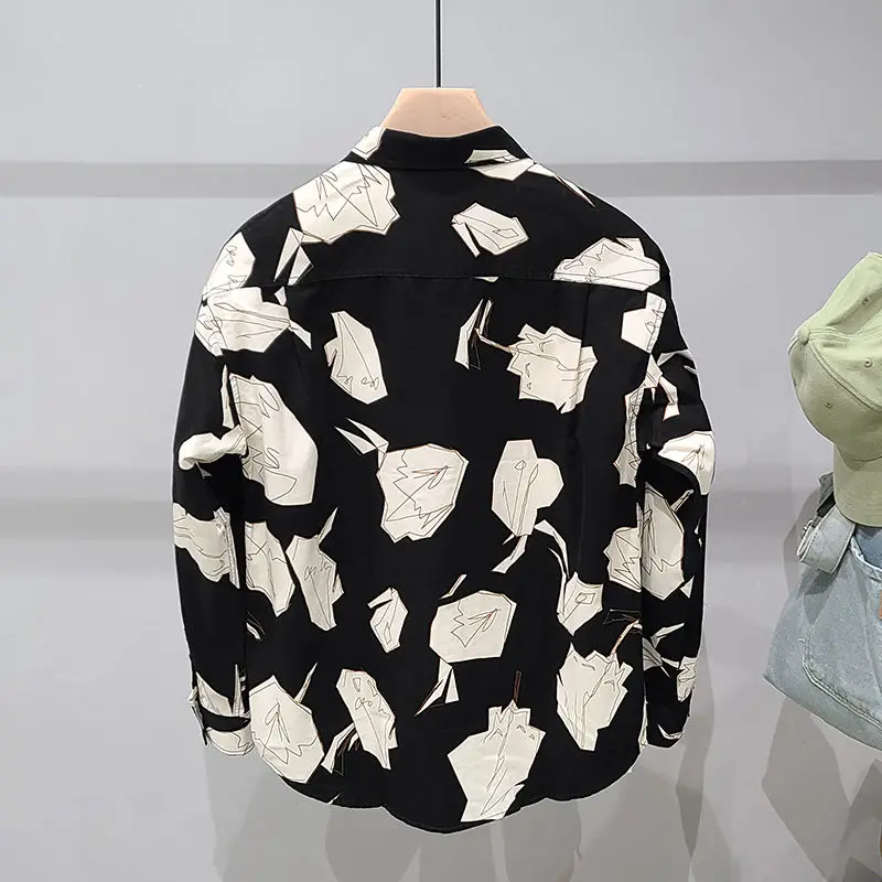 Summer Printed Long-Sleeved Shirt Men's Hong Kong Style Personality Design Shirt Baggy Coat Tide Longsleeve Shirt for Men