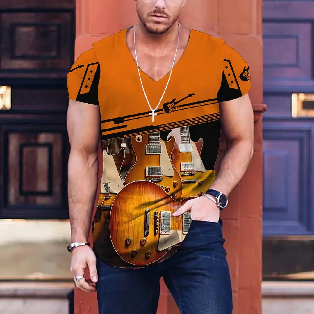 

Men's V-neck T-shirt Retro Guitar Music ​pattern Short Sleeve Summer Shirt New Harajuku Tees Vintage Street Clothing Casual Tops