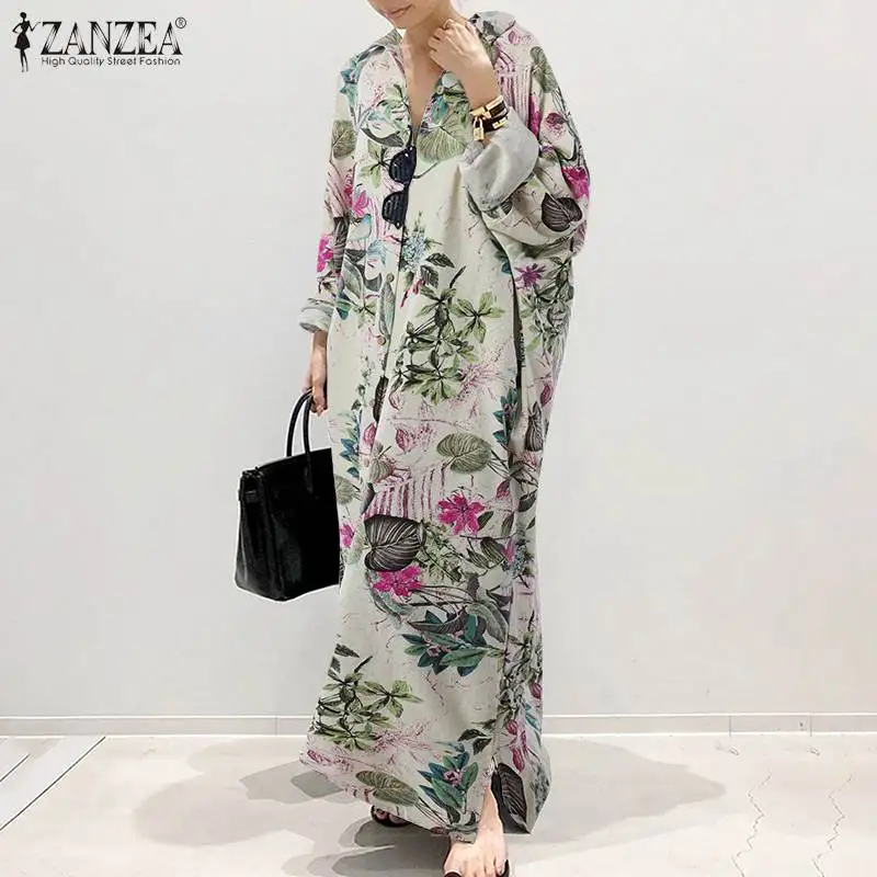 

ZANZEA Casual Lapel Collar vestidos Bohemian Print Shirt Dress Women Elegant Long Sleeve Button Down Kaftan Oversize Floral Robe