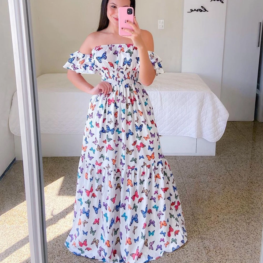 

Платье Wepbel с цветочным принтом, женское платье с открытыми плечами и оборками на рукавах, облегающее летнее платье макси для отпуска