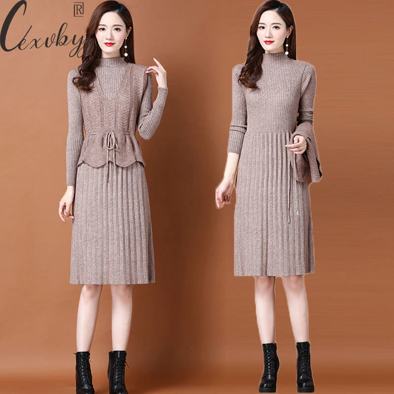 Women Vintage Knitted Dress 2 Peice Set Autumn Winter Warm Slim Waist Pullover Vest+Long Sleeve Midi Dress Suit Plus Size 3xl