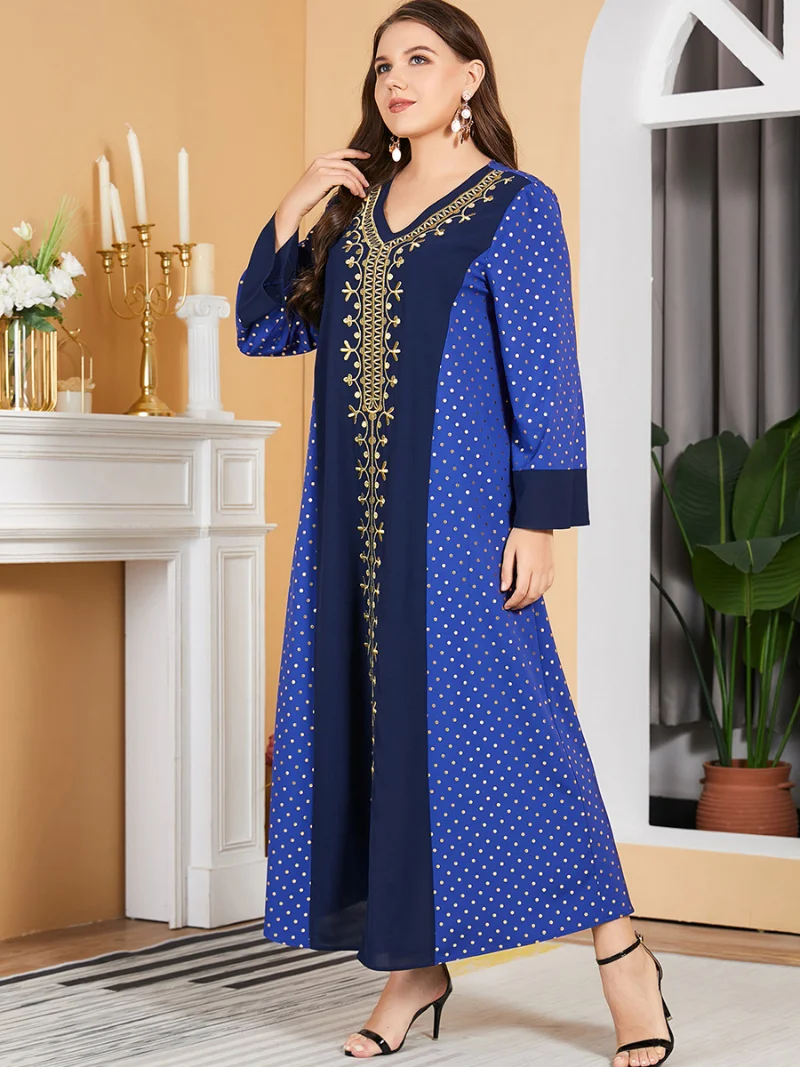 Muslim Dress Women Vintage Embroidery Cotton Long Sleeve Urban Casual Polka Dot Print Robe Abayat Turkey Ramadan