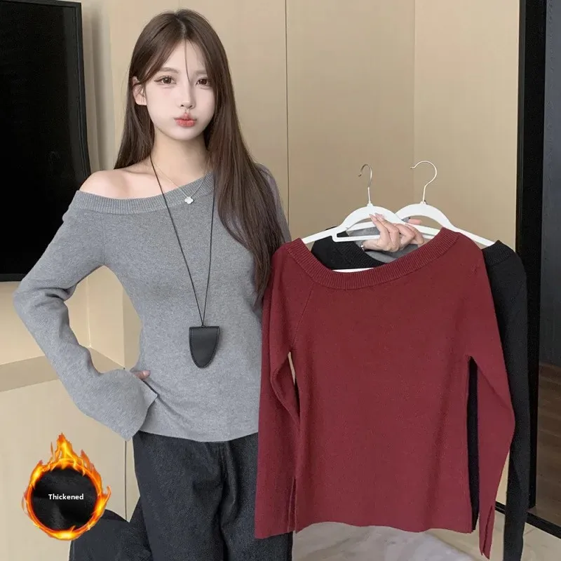 Осень 2024 женский вязаный свитер больших размеров утепленная теплая одежда через