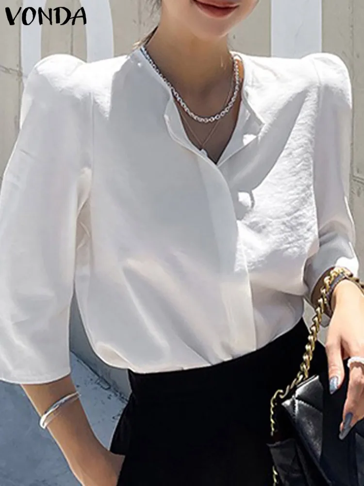 

Casual Shirt Solid Color Tops 2022 VONDA Vintage Top Women Half Sleeve Loose Femininas Sexy Party Blouse Female Tops Oversized