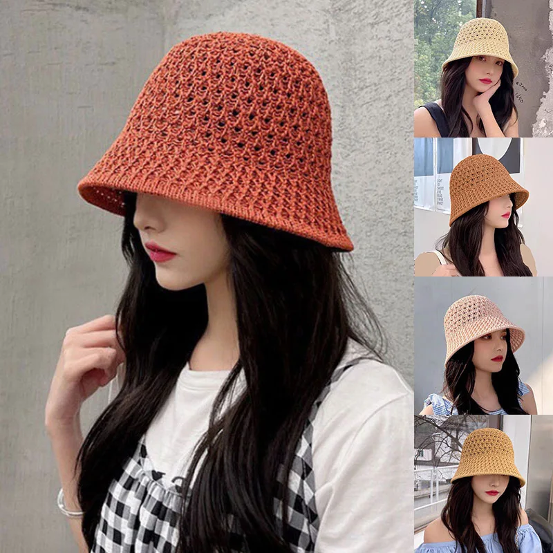 

Handmade Crochet Floppy Top Summer Hats Collapsible Dome Bucket Hat Hollow Out Solid Color Beach Caps Simplicity Soft Women Hat