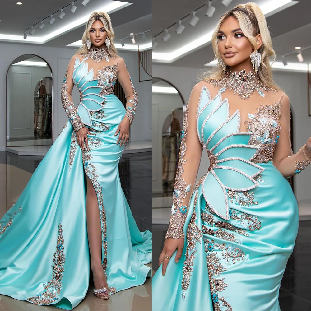 

Glamorous Lake Blue Evening Dress High Illusion Long Sleeves Prom Gowns Rhinestones Side Split Party Dresses Custom Made