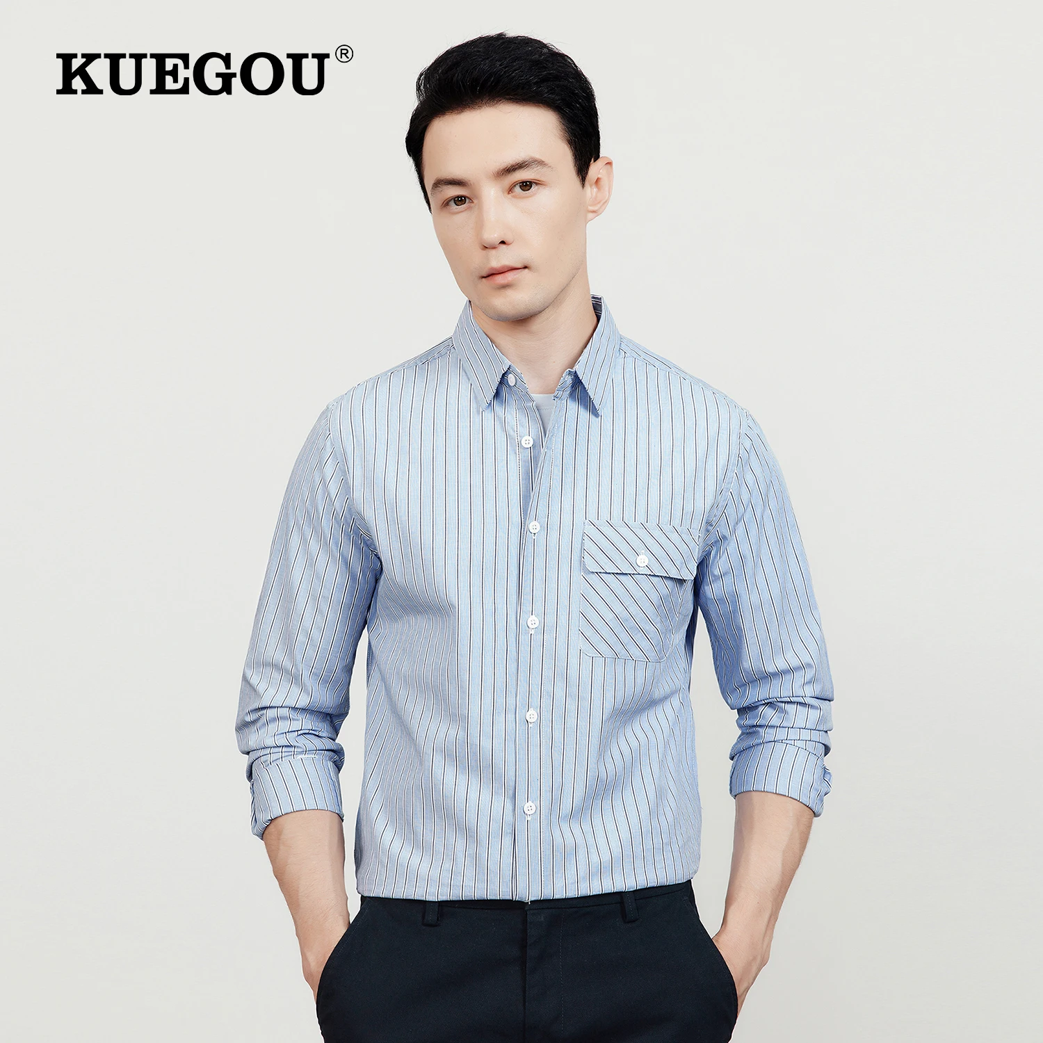 

KUEGOU 2022 Autumn New 100% Cotton Men Shirts Long Sleeve Fashion Blue Striped Shirt Smart Caeual Top Quality Plus Size 20518