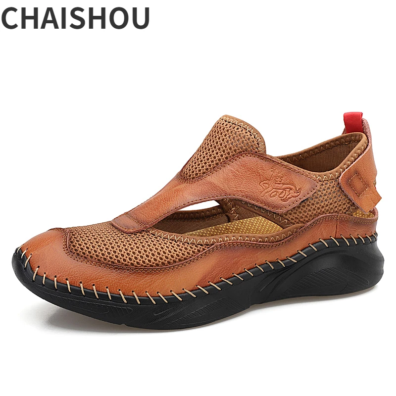 

Y483 Designer Summer Men Beach Sandals Mesh Hand Stitched Light Flat Hollow Breathable Casua Outdoor Cандали Large Size 48