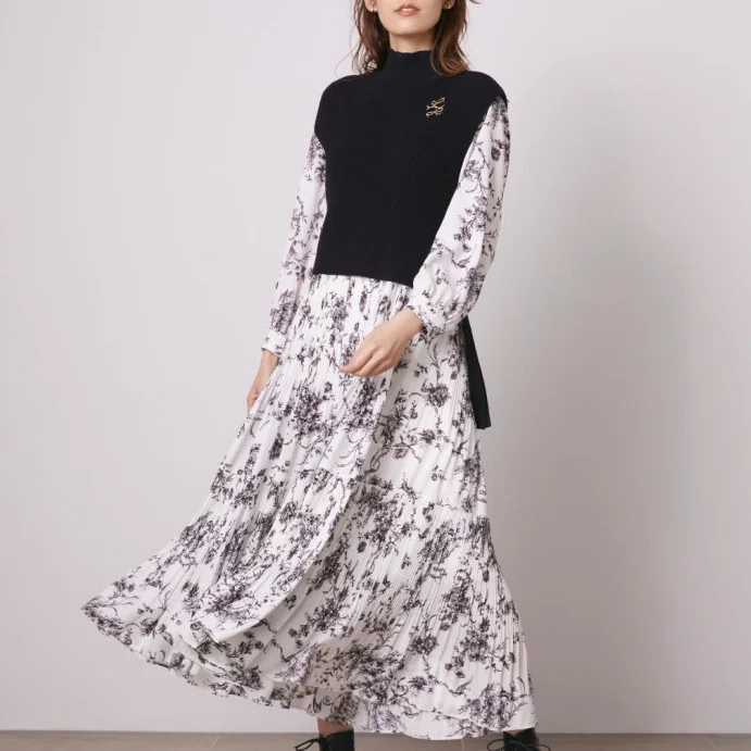 

A GIRLS 2022 Autumn New Women Robes Japanese Fresh Vestidos Half High Collar Printed Pleated Dresses Knit Drawstring Vest Suits