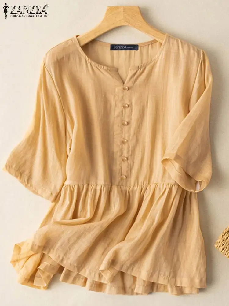 

2022 летние однотонные топы с оборками, Женская винтажная хлопковая блузка ZANZEA с круглым вырезом, блузы, Женская Повседневная офисная Туника ...