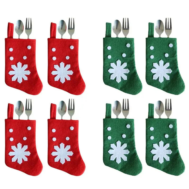 

Рождественский мини-держатель для столовых приборов, Рождественская сумка из хлопчатобумажной ткани для столовой посуды, 4 шт., рождественские украшения в виде носков, белые снежинки для ложки