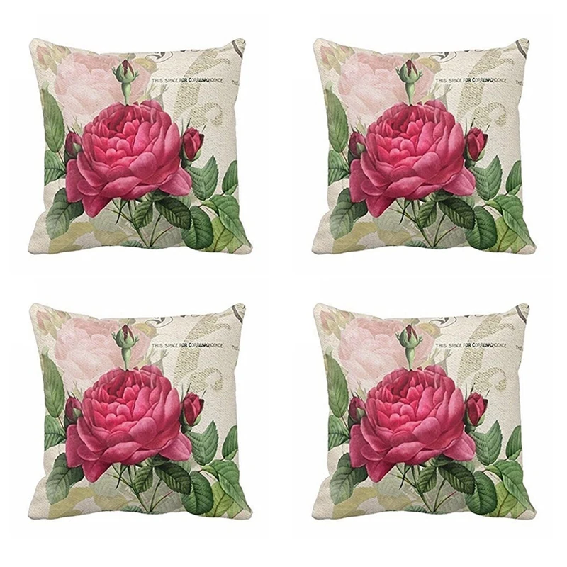 

4X Vintage Floral/Flower Flax Decorative Throw Pillow Case Cushion Cover Home Sofa Decorative(Rose Flower)