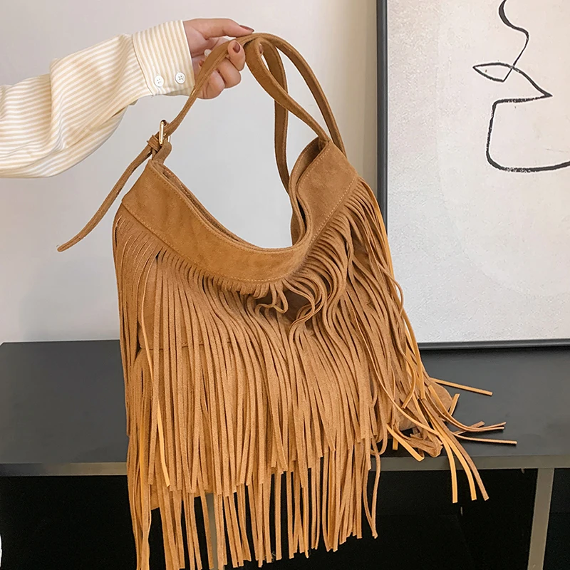Bohemian Brown Personality Handbag for Women 2023 Summer women's Bag Large capacity retro shoulder crossbody Tassel bags purse