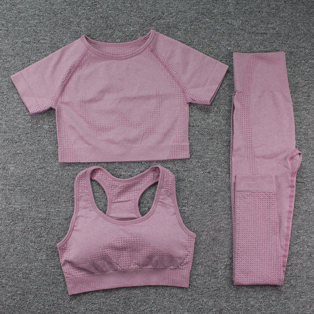 Summer 2022 Wholesale Women Workout Sports Bra  Leggings Short Sleeve Top Yoga Seamless Set