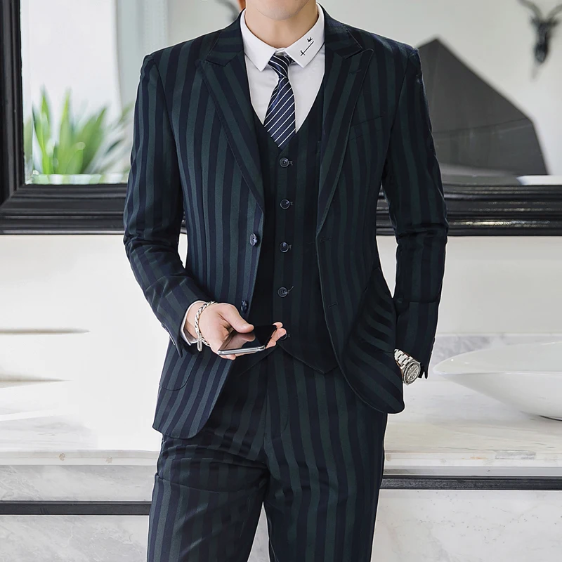 

Striped Dark Green Suit Men 3 Pcs Slim Fit Casual Office Blazer Formal Mens Fashion Wedding Tuxedo Plus Size 5XL 4XL