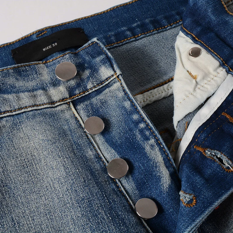High Street Fashion Men Jeans Retro Blue Elastic Skinny Fit Hole Ripped Jeans Men Buttons Fly Patch Designer Hip Hop Brand Pants
