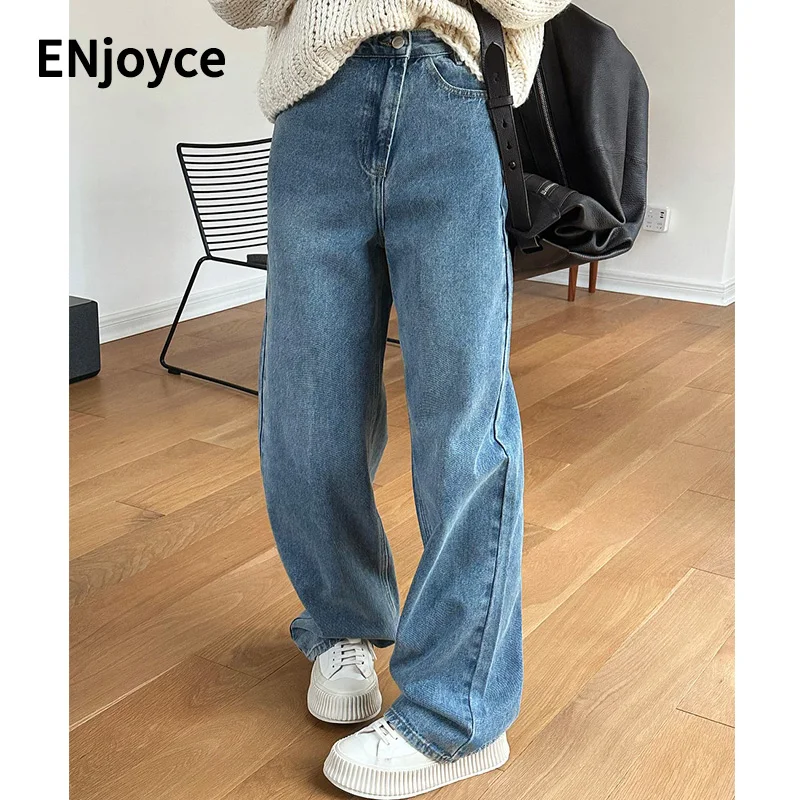 2022 New Women Slant Placket Design Loose Straight Jeans Fall Fashion High Waist Wide Leg Trousers Casual Thicken Denim Pants