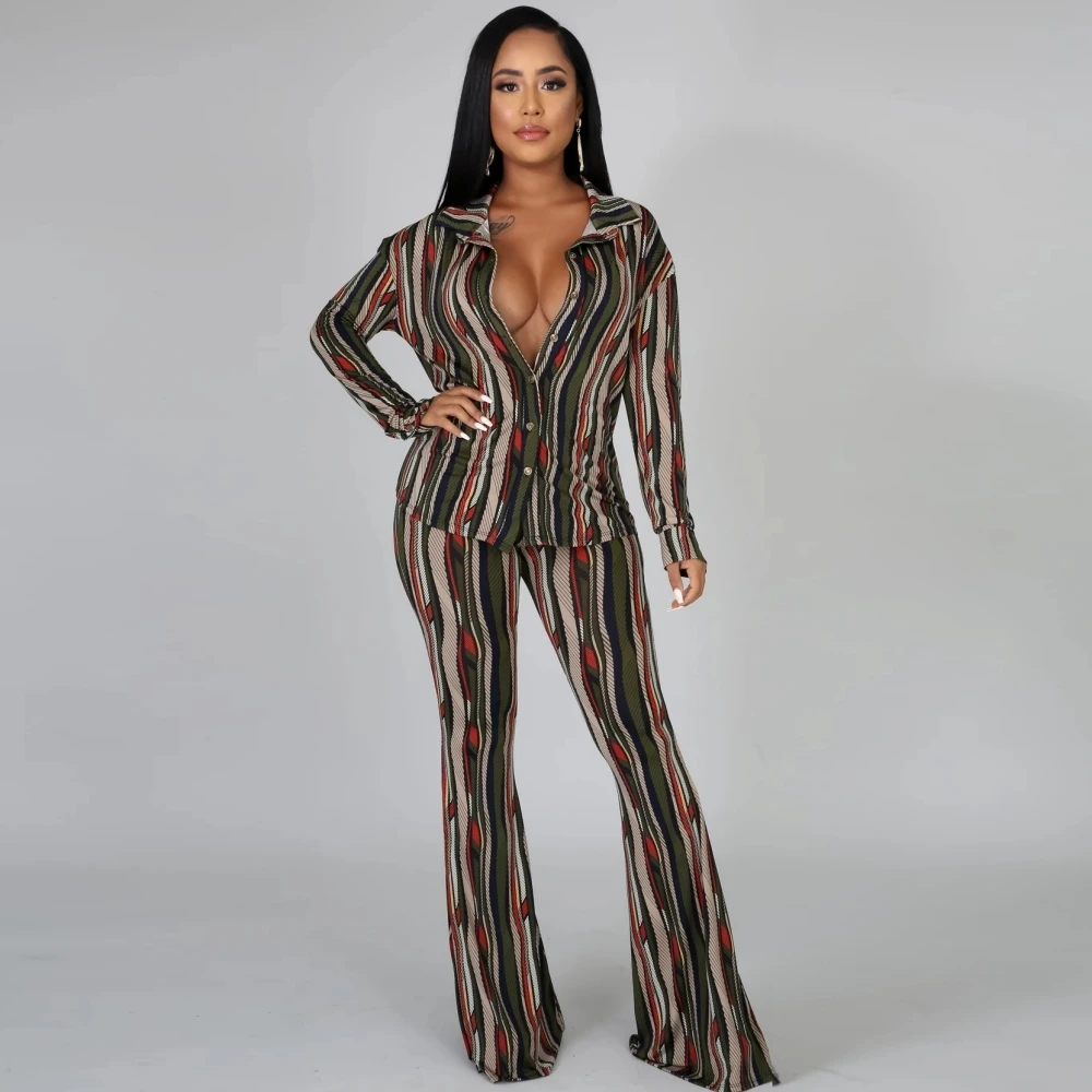 

2 Two Piece Set African Stripe Print Long Sleeve Blouse Tops And Pant Suits Spring Autumn Women Set Matching Fashion Outfit
