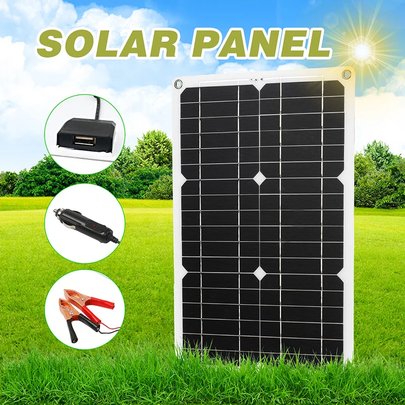 

Новый комплект солнечных панелей IP65, водонепроницаемая монокристаллическая солнечная панель 18 в 20 Вт с 2 зажимами типа «крокодил», прикуривателем и USB-адаптером