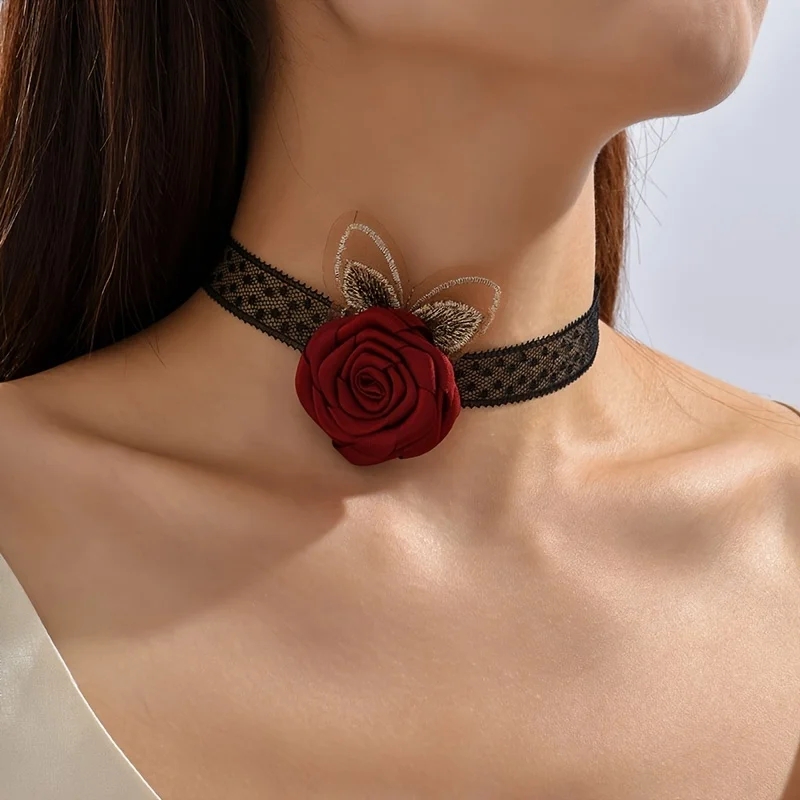 

Lace Flower Necklace for Women Exquisite Wide Rose Cloth Choker Sexy Neck Band Girls Retro Collar Fashion Pendant Jewelry