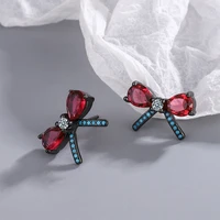 new fashion lovely bowknot stud earrings for women red zircon blue turquoise stone female vintage earring piercing jewelry gifts