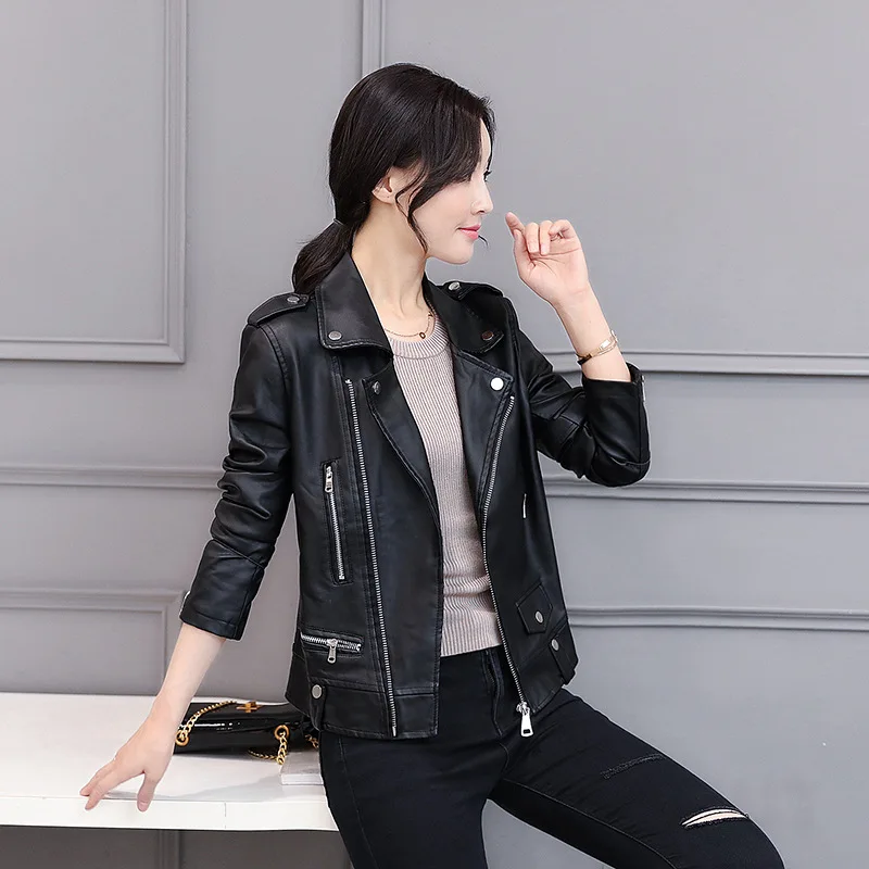 PU leather jacket women's short fitting leather jacket women's motorcycle jacket small jacket