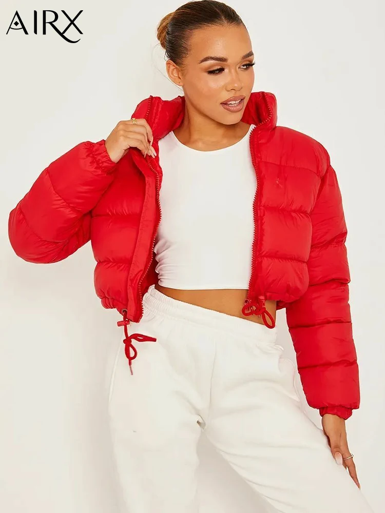 AIRX 2023 Winter Women Coat Casual Cotton Jacket Short Coats Zipper Streetwear Solid Color Long Sleeve Jackets