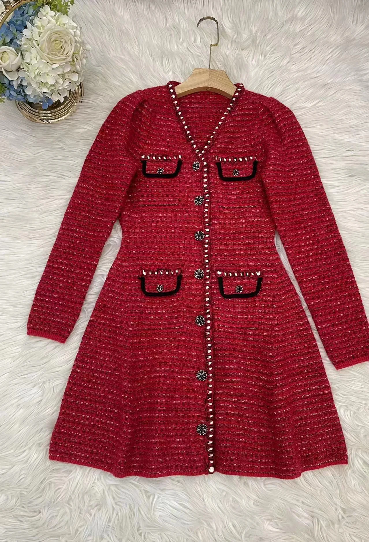 

Women V-Neck A-Line Single Breasted Pockets Mini Wool Sweet Autumn Winter Dress